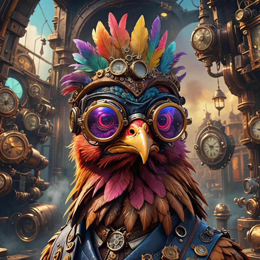 Steampunk Chicken Portrait with Funky Glasses