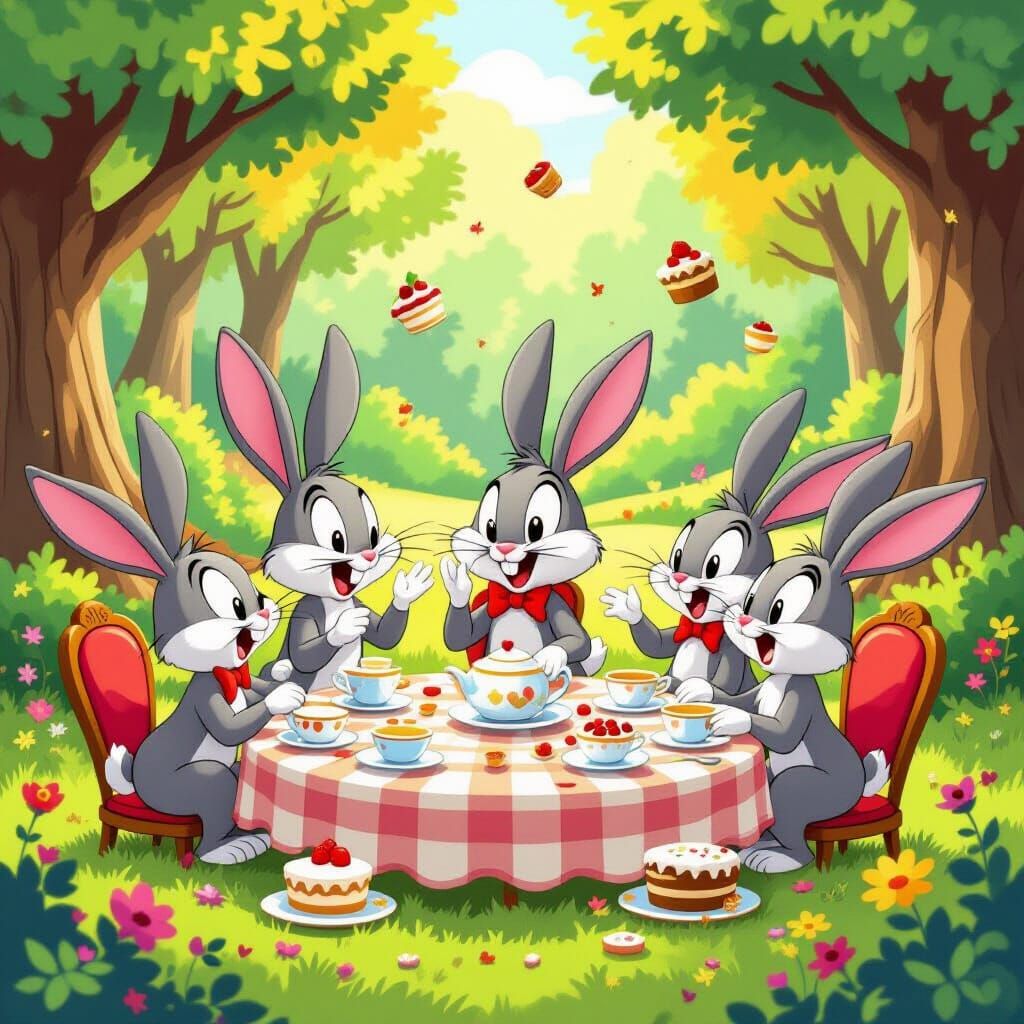 Cartoon Rabbits Chaotic Tea Party in Whimsical Forest