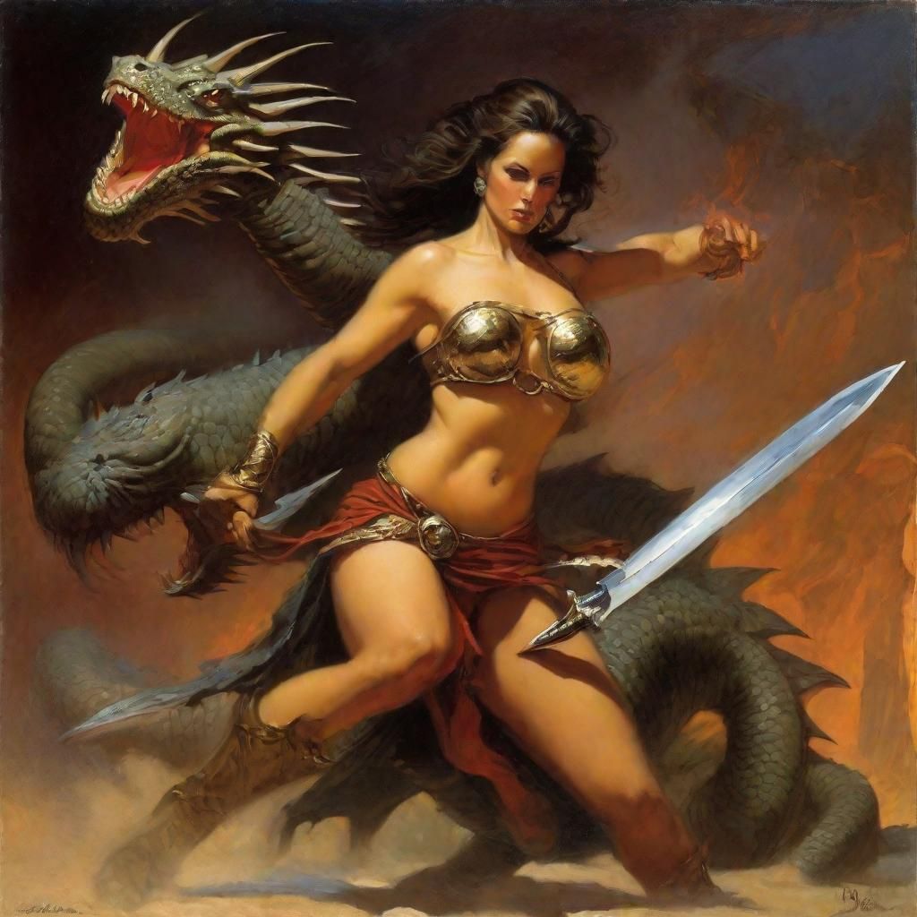 A defiant lady, fighting against the dragon, sword, and knif...