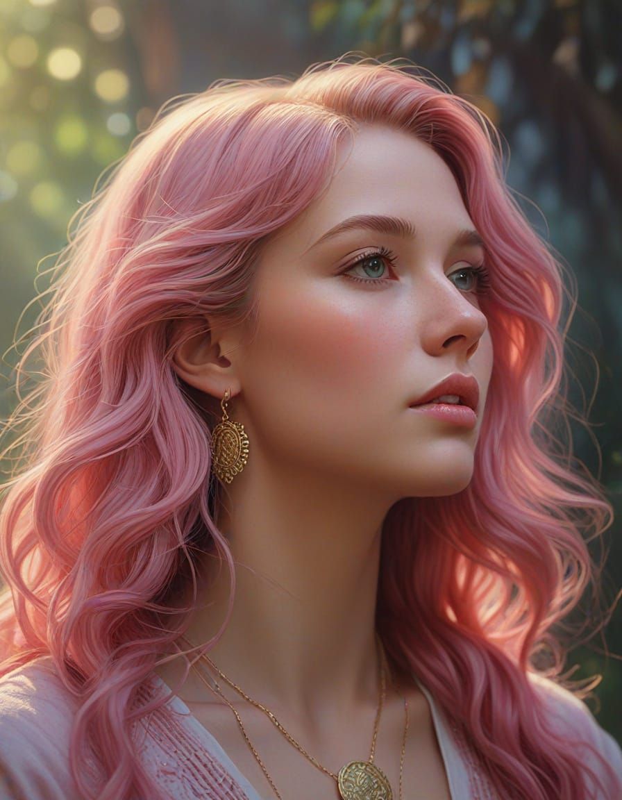 Ethereal Coin with Pink-Haired Woman in Oil Painting Style