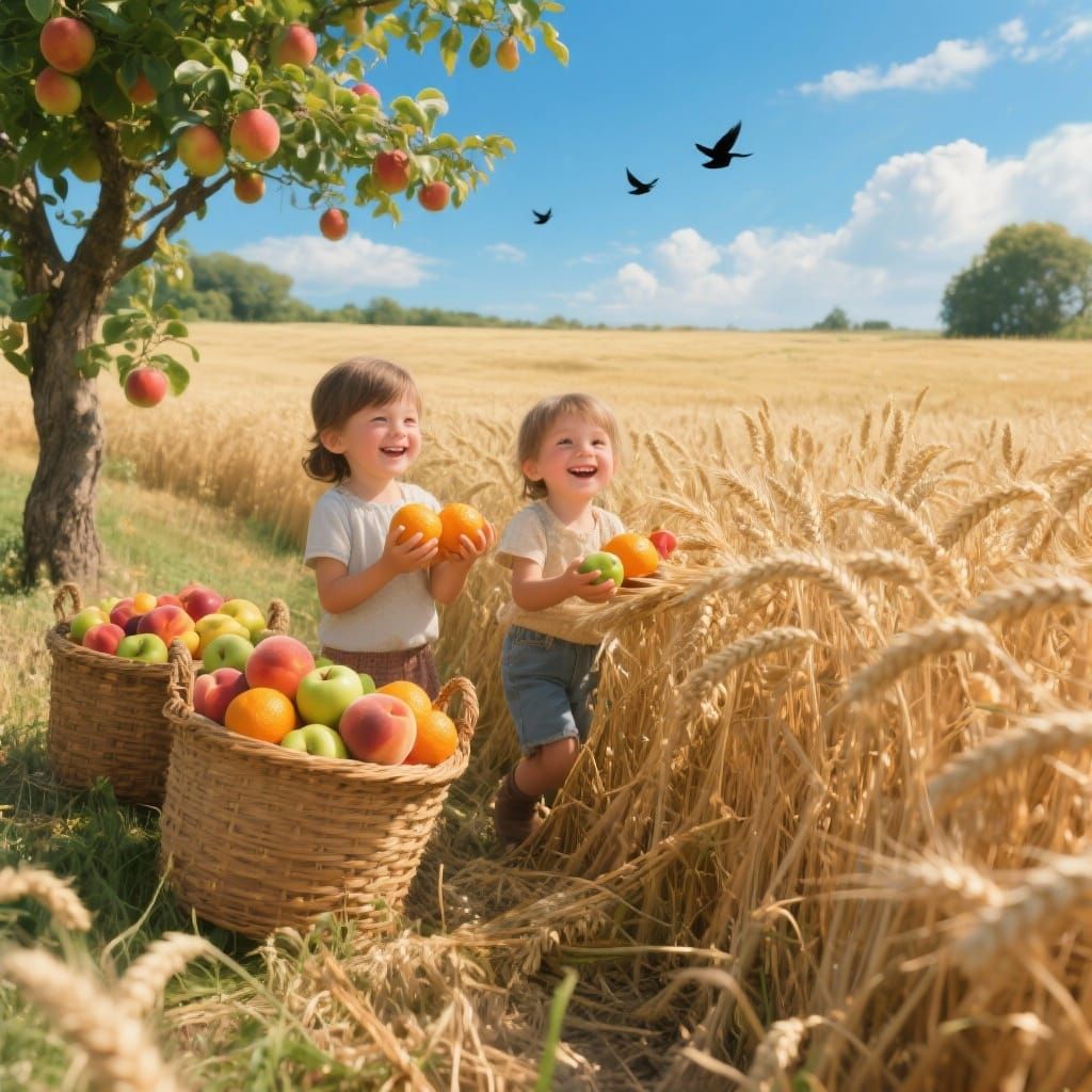 Children Harvesting Fruit in Vibrant Wheat Field