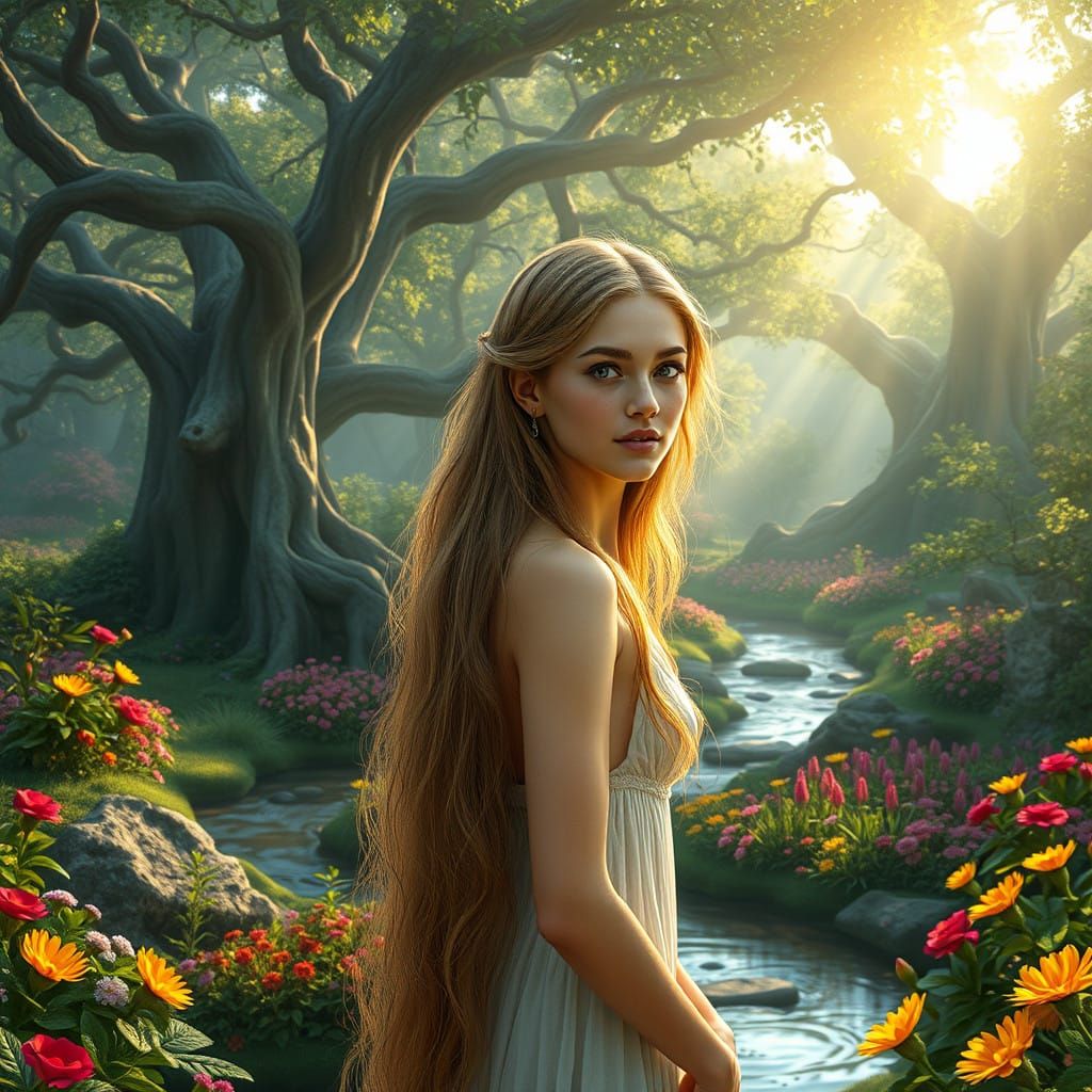 Serene Goddess in a Primeval Eden Garden
