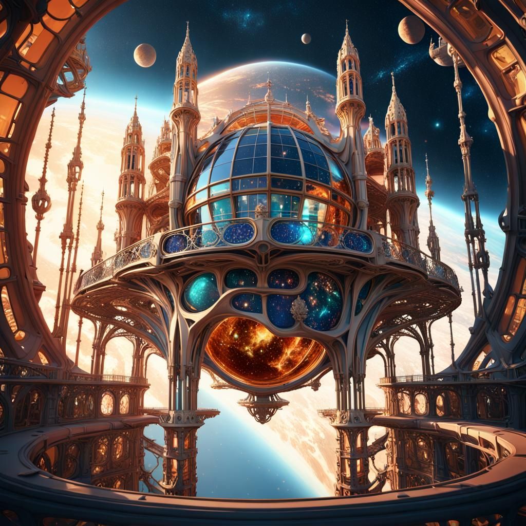 Gaudi-Inspired Space Station in Art Nouveau Style