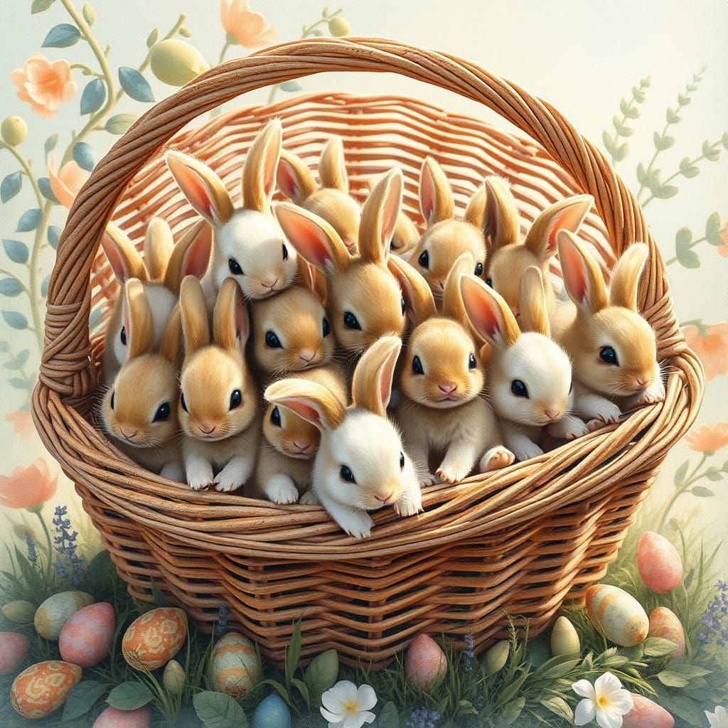 Whimsical Watercolour Bunnies in a Wicker Basket