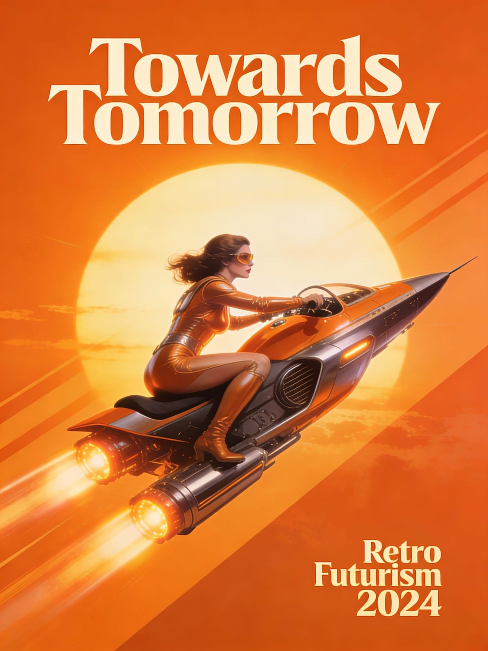 Retro Futurism Poster: Woman on Jet Cycle Towards Sun