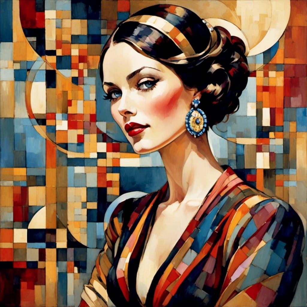 Cubist Flight Attendant Portrait in Art Nouveau Style