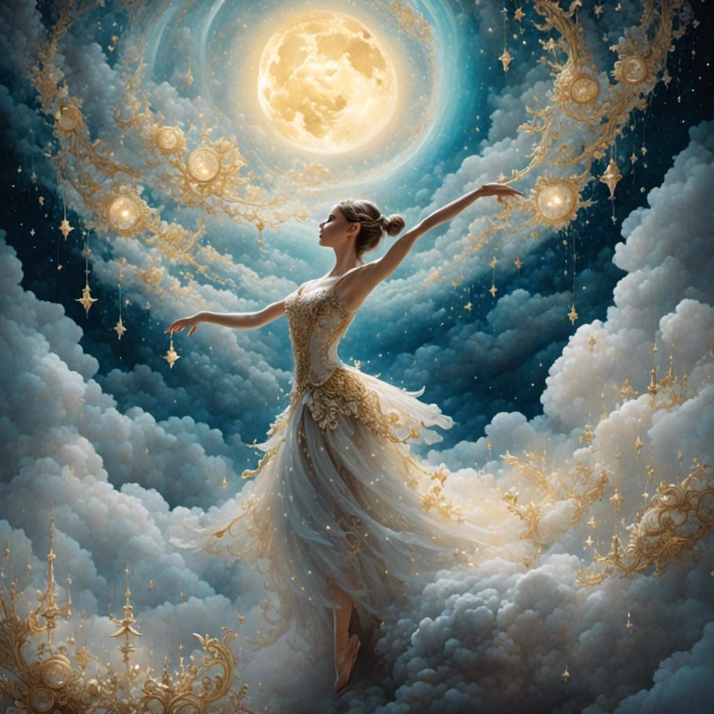 Hyperrealistic Ballerina Dancing on Moonlit Clouds