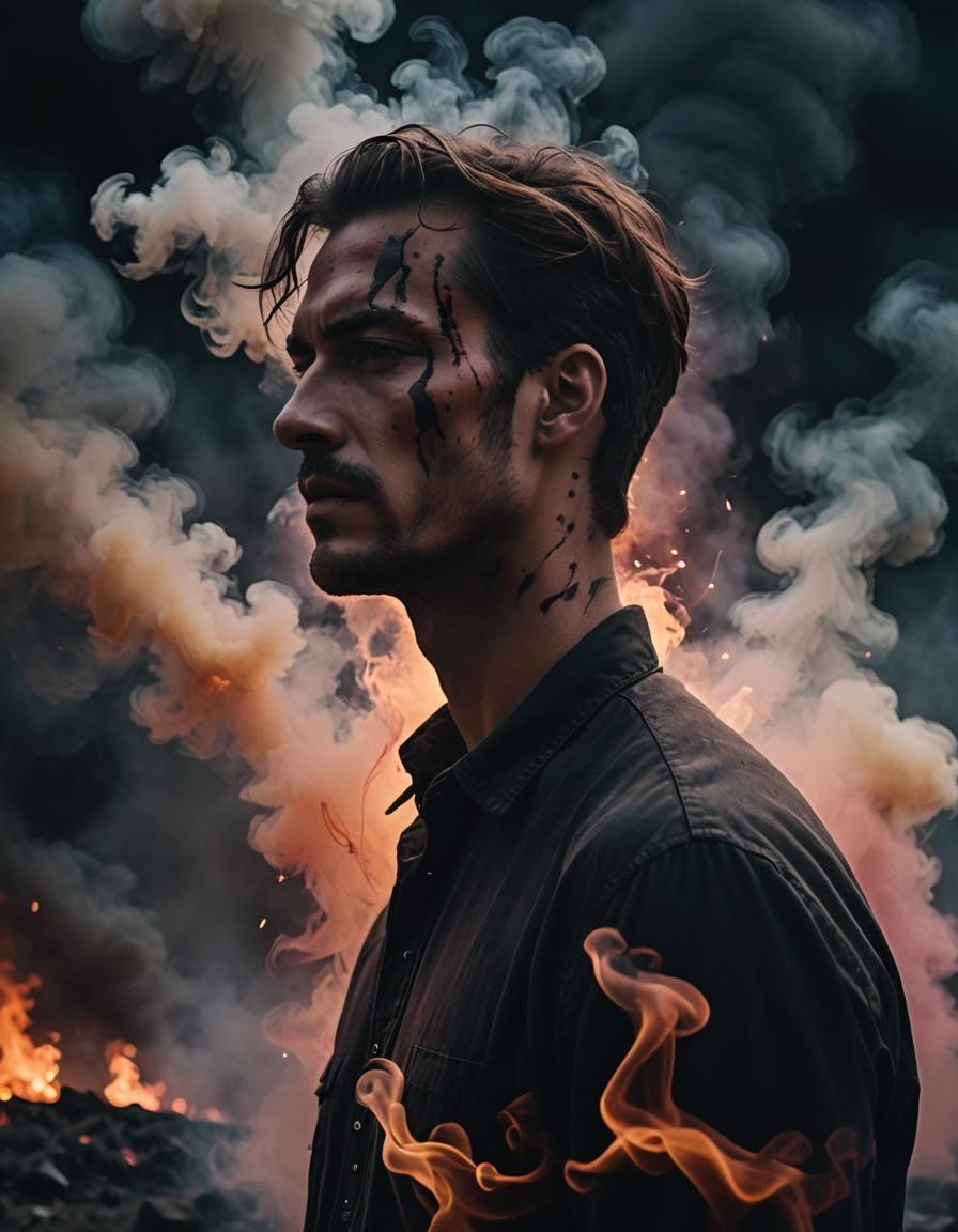 Mysterious Man in Dreamlike, Darkening Landscape