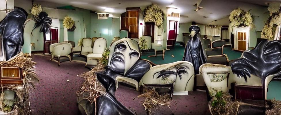 Abandoned Funeral Home of Horrors in Film Noir Style