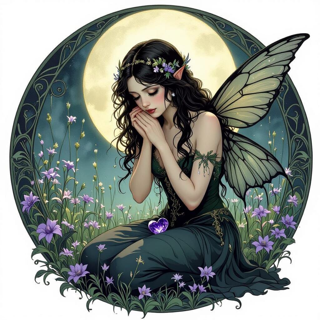 Sorrowful Fairy with Shattered Heart in Moonlit Glade