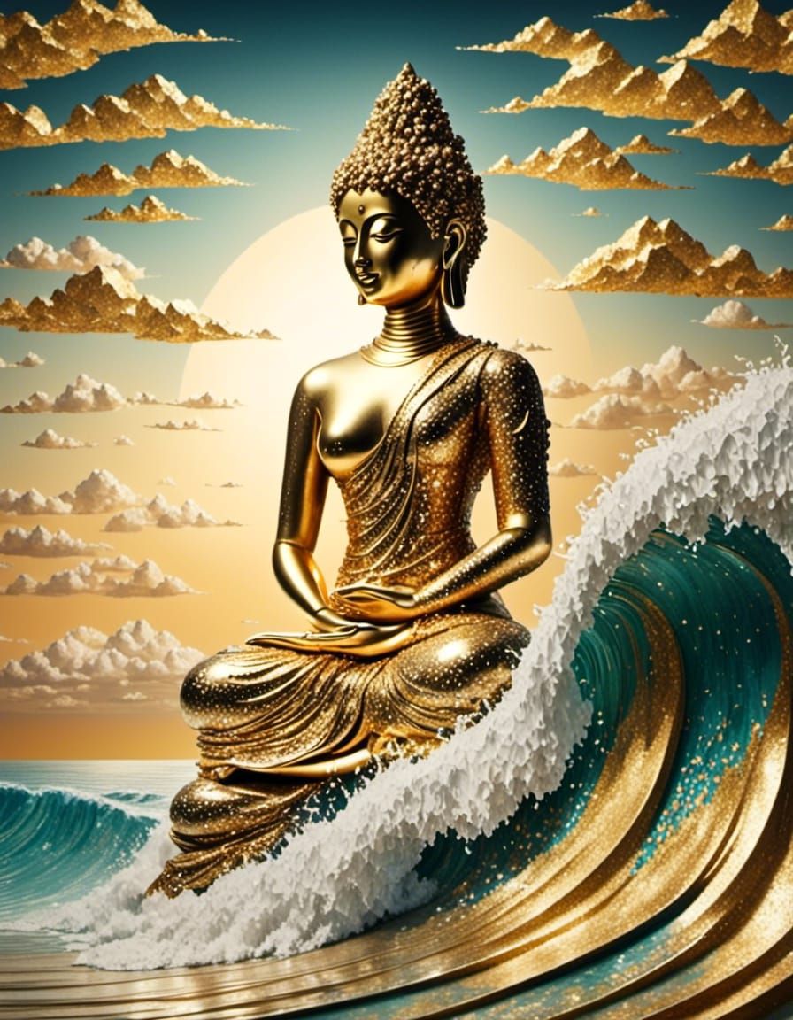 Golden Buddha Rides a Wave at Sunset