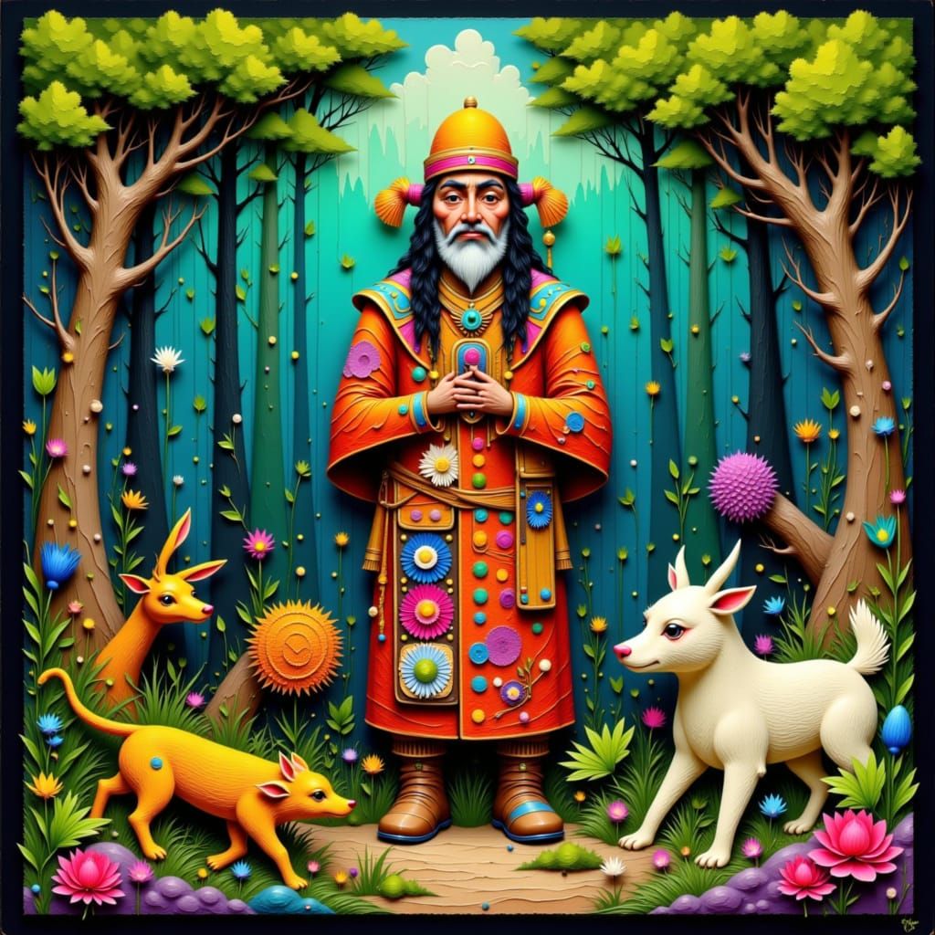 Anishnaabe Elder Surrounded by Animals in Native Style