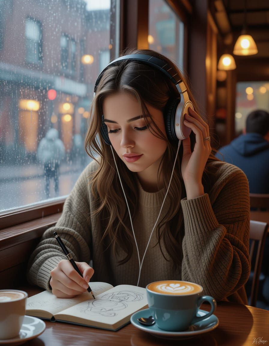 Cozy Cafe Scene: Woman Sketching on Rainy Day