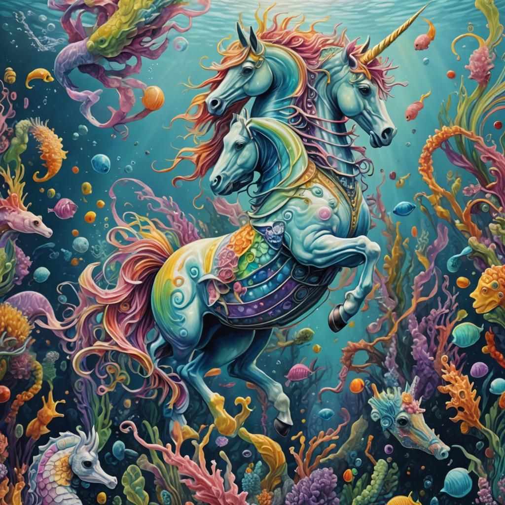 Underwater Rainbow Unicorn Seahorse in Acrylic Art