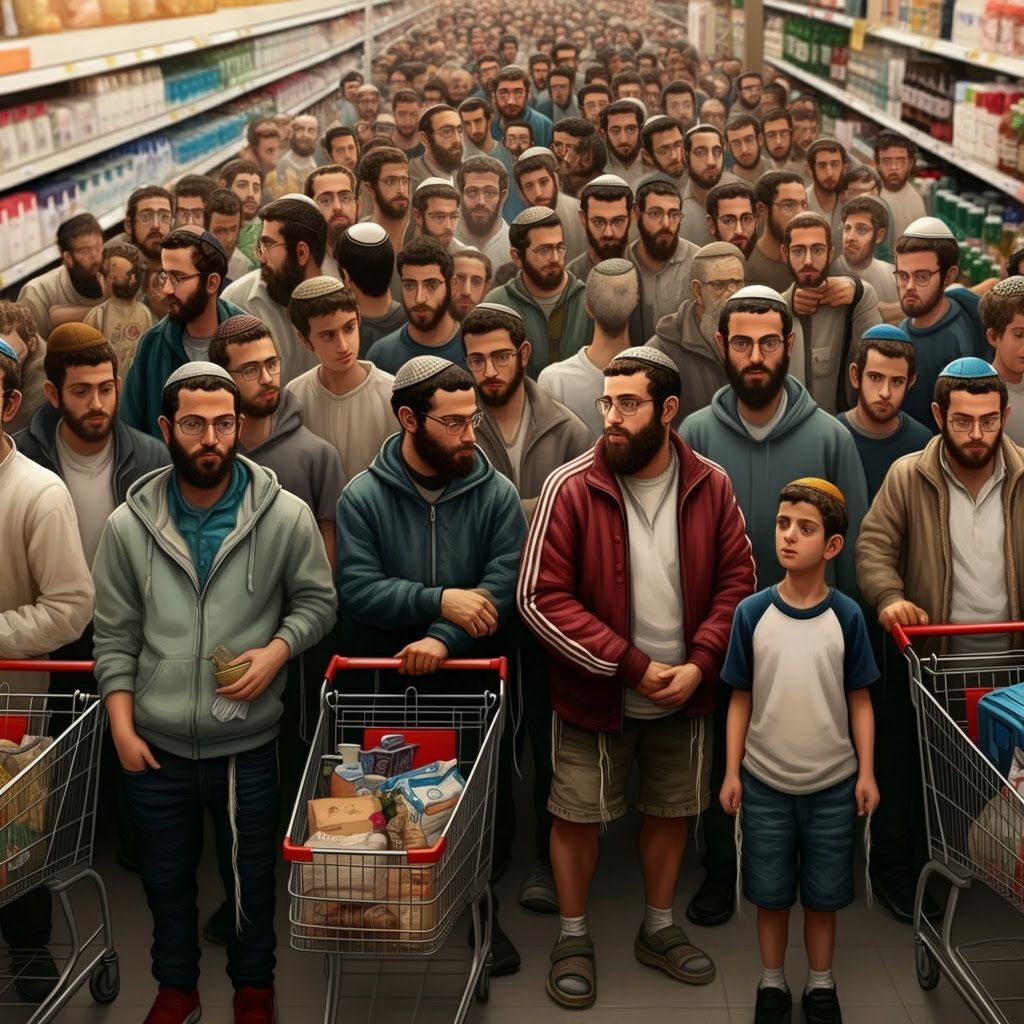 Realistic Digital Painting of Israeli Supermarket Queue