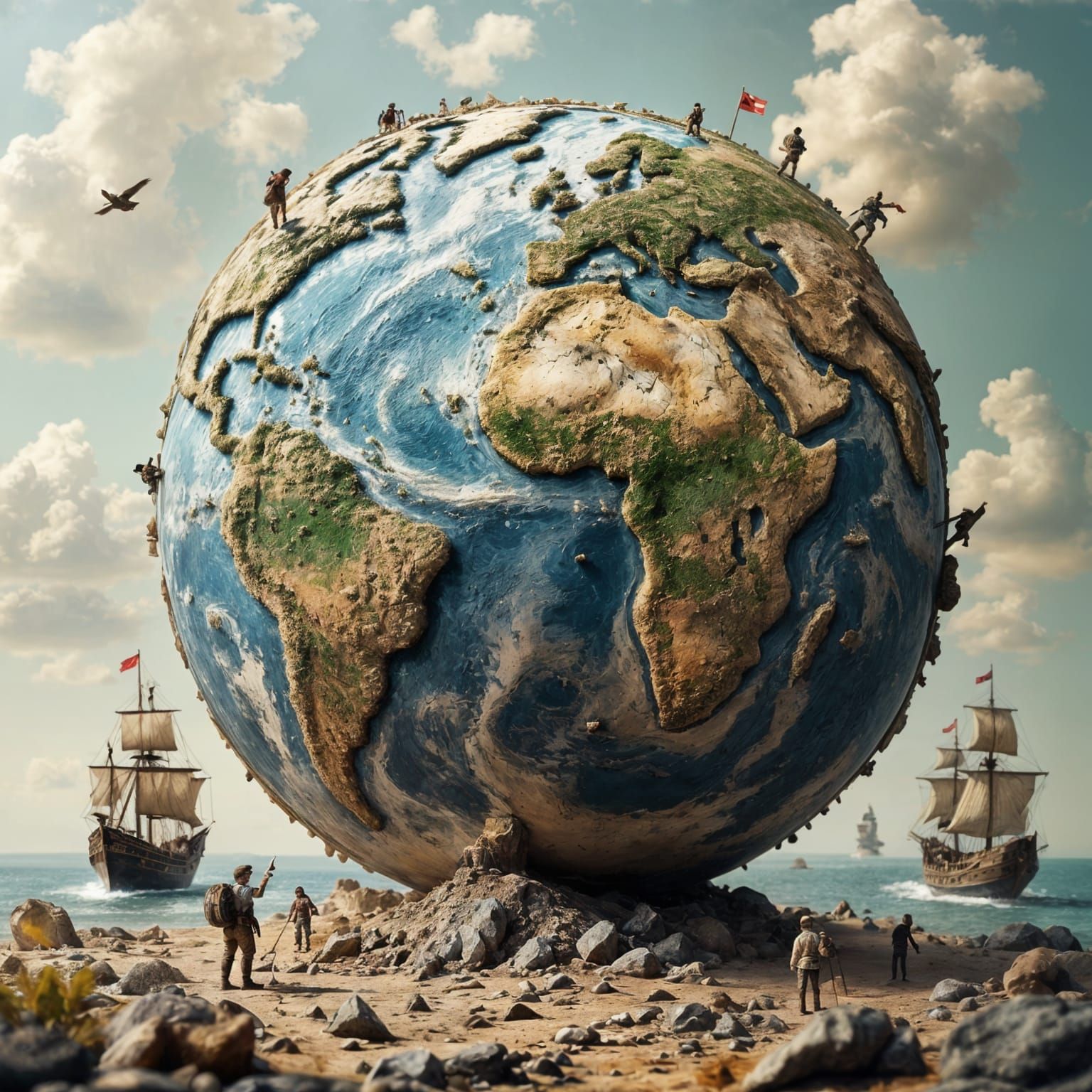 Hyperrealistic Globe: Tiny Explorers Charting the Earth