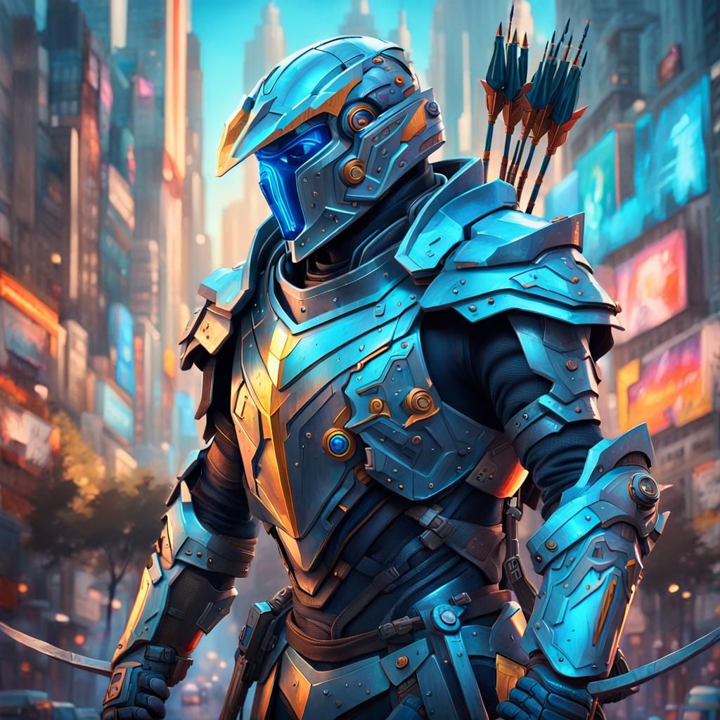 Futuristic Knight Portrait with Bow in Graffiti Art Style