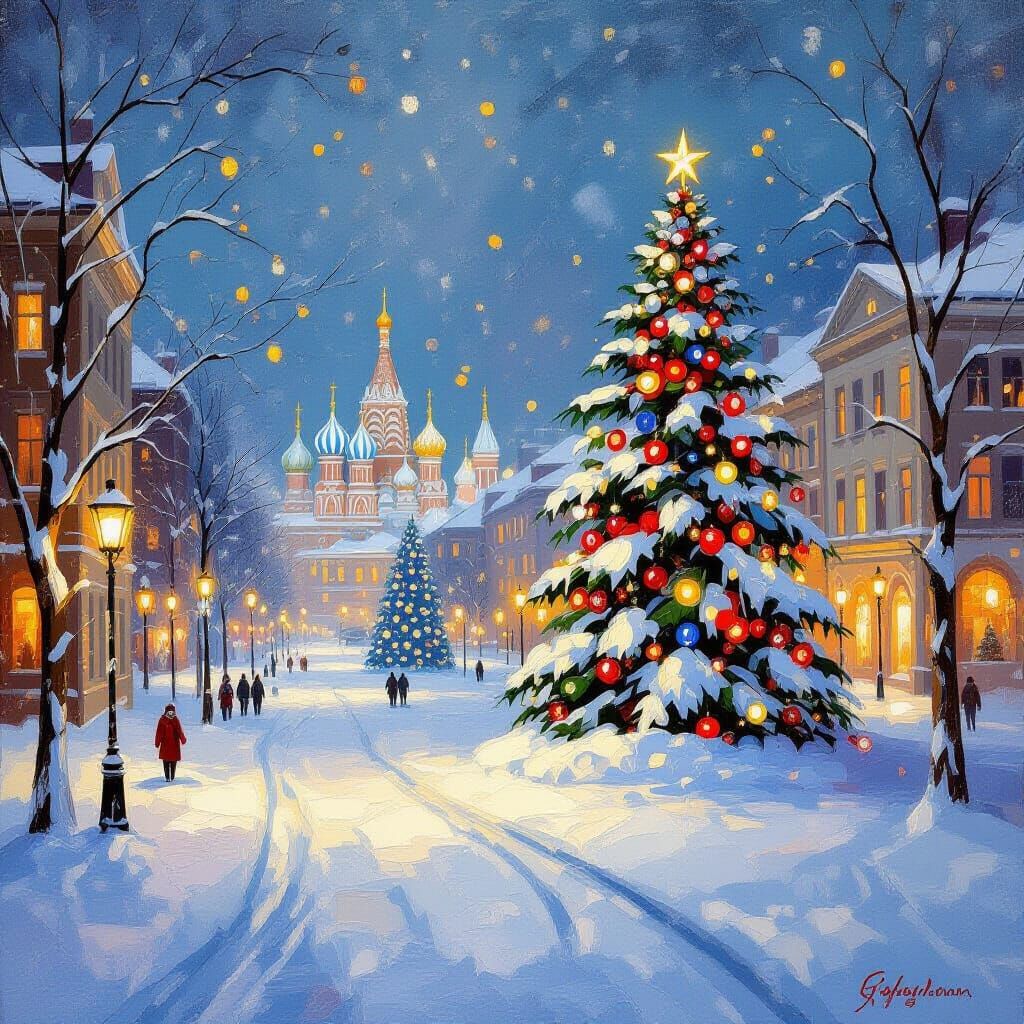 Festive Snowy Cityscape with Glowing Lights and Christmas Tr...