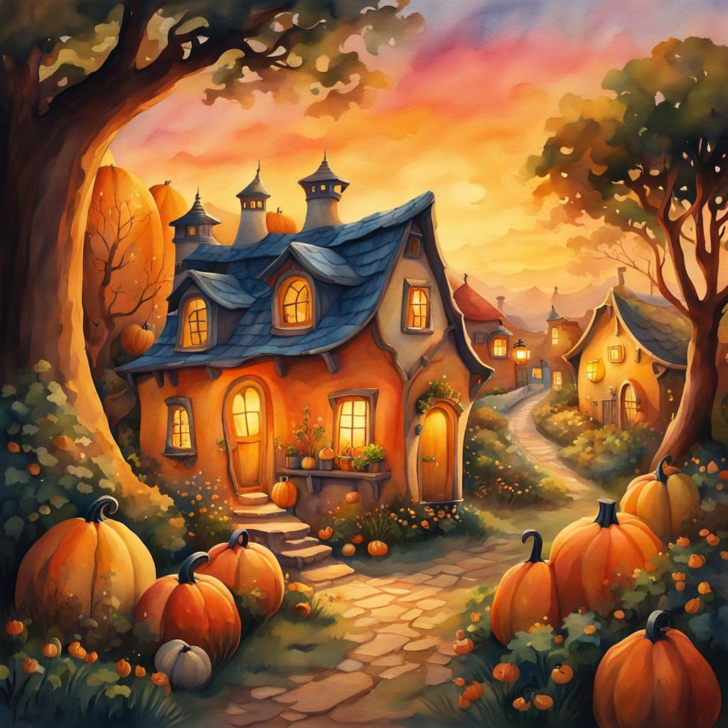 Whimsical Gourd Village in Watercolor Style
