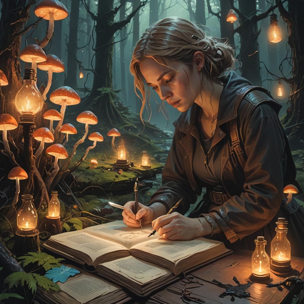 Mystical Forest Scribe Writing in Ancient Book