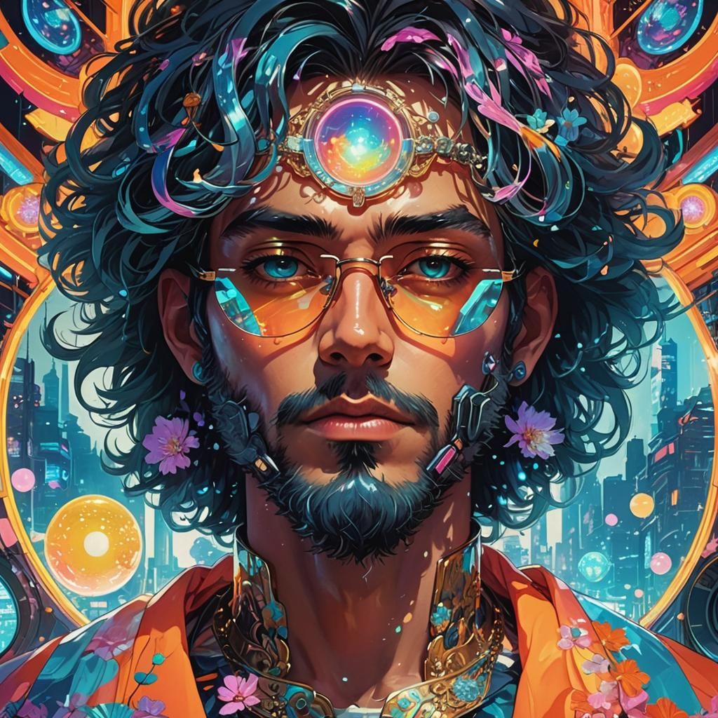 Neon-Lit Man in Floating Robe: Anime Concept Art