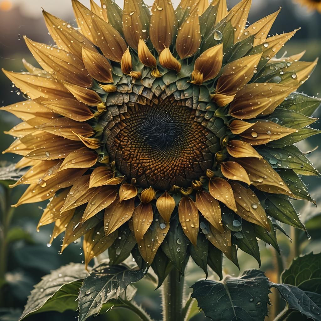 Detailed Sunflower in Cloudy Field: Hyperrealistic Digital A...