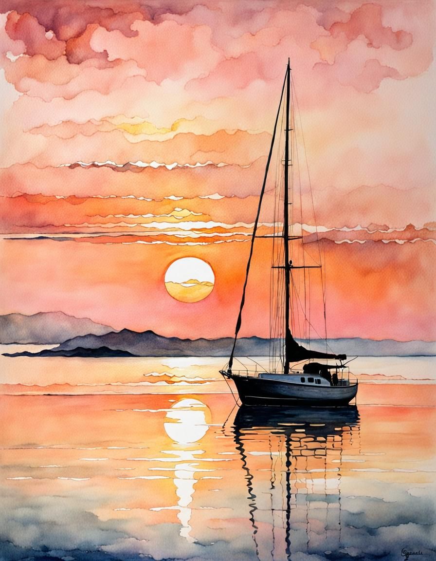 Sunrise Ocean Scene with White Sailboat in Watercolor