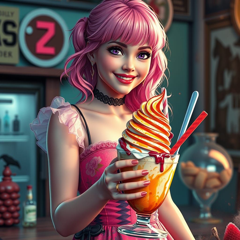 Pink-Haired Woman Crafting Ice Cream Sundae in Splatter Art ...