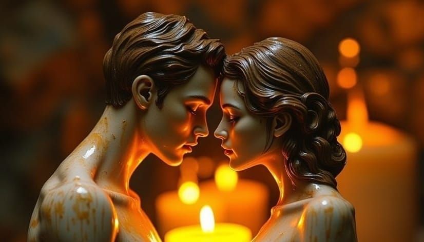 <lora:Asperam Coelo:1.0>  Two figures a man and a woman in a melting embrace, their intertwined forms gradually blending...