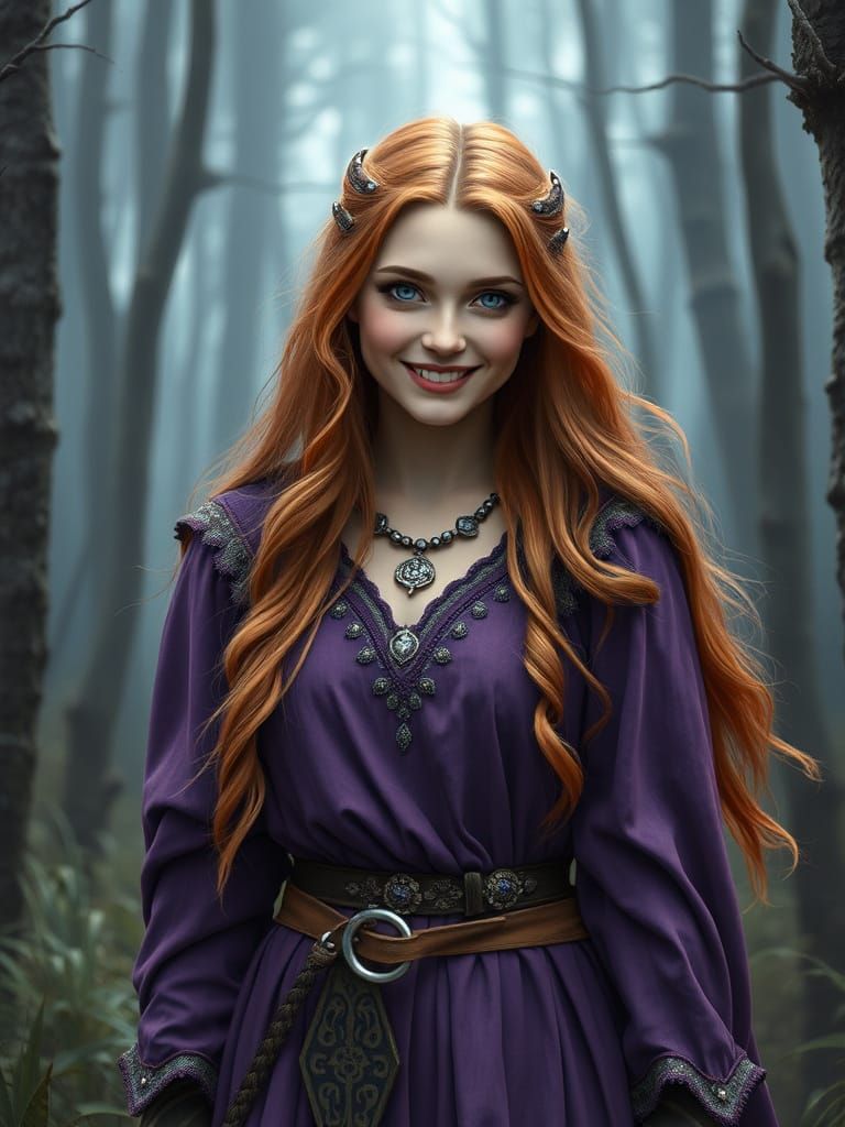Viking Maiden Strolls Through Enchanted Woods in Ethereal Fa...