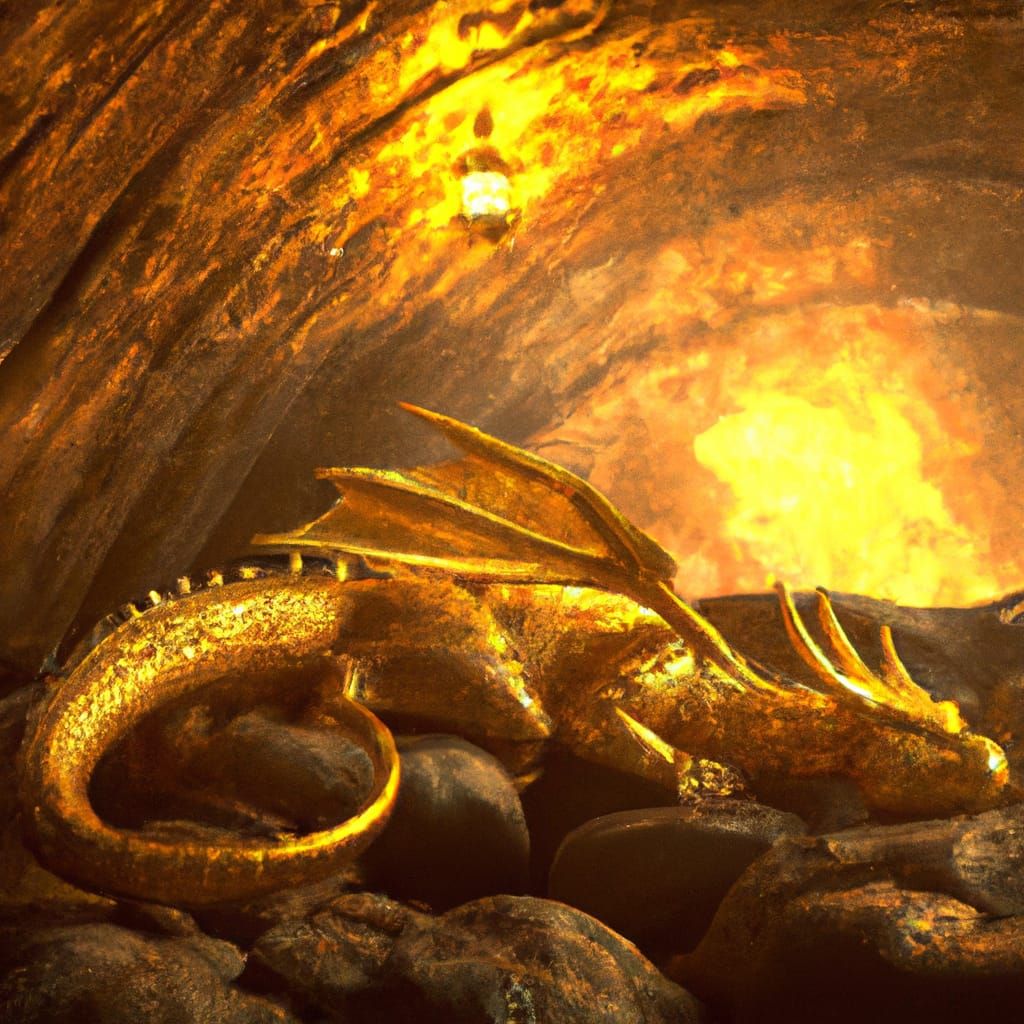Golden Dragon on Hoard in Cave, Realistic Fantasy