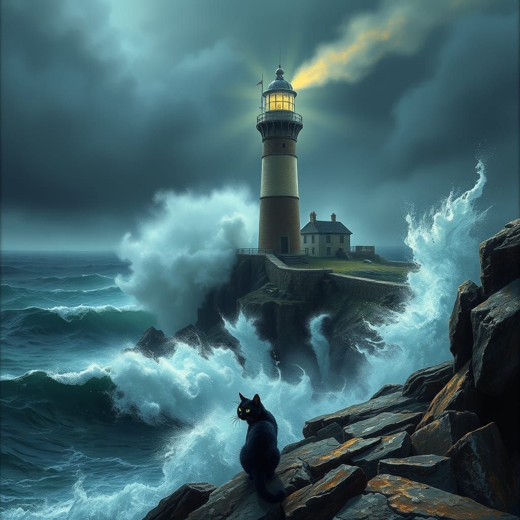 Stormy Lighthouse with Emerald-Eyed Cat, Dramatic Seascape