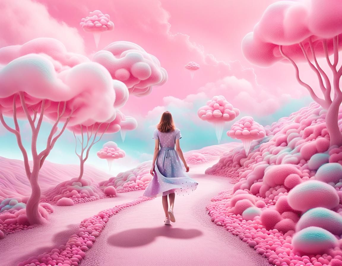 Surreal Pink Candy Dreamscape with Polkadot Dress