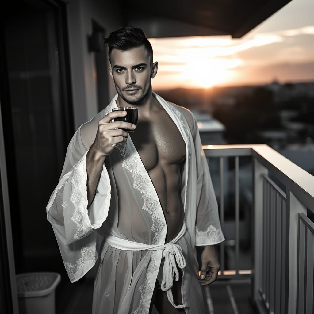 Muscular Man on Balcony at Sunrise, Photorealistic Style