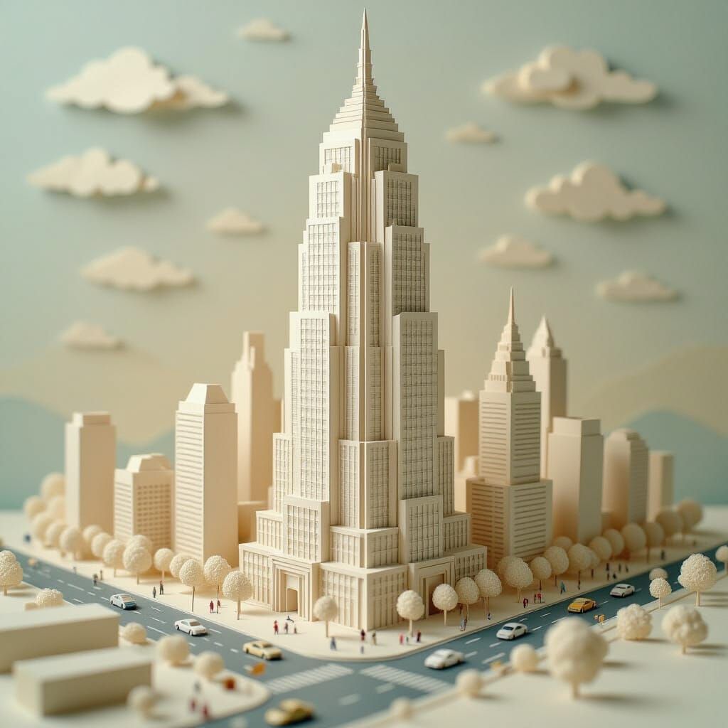 Origami Skyscraper Over Paper Streets in Soft Light