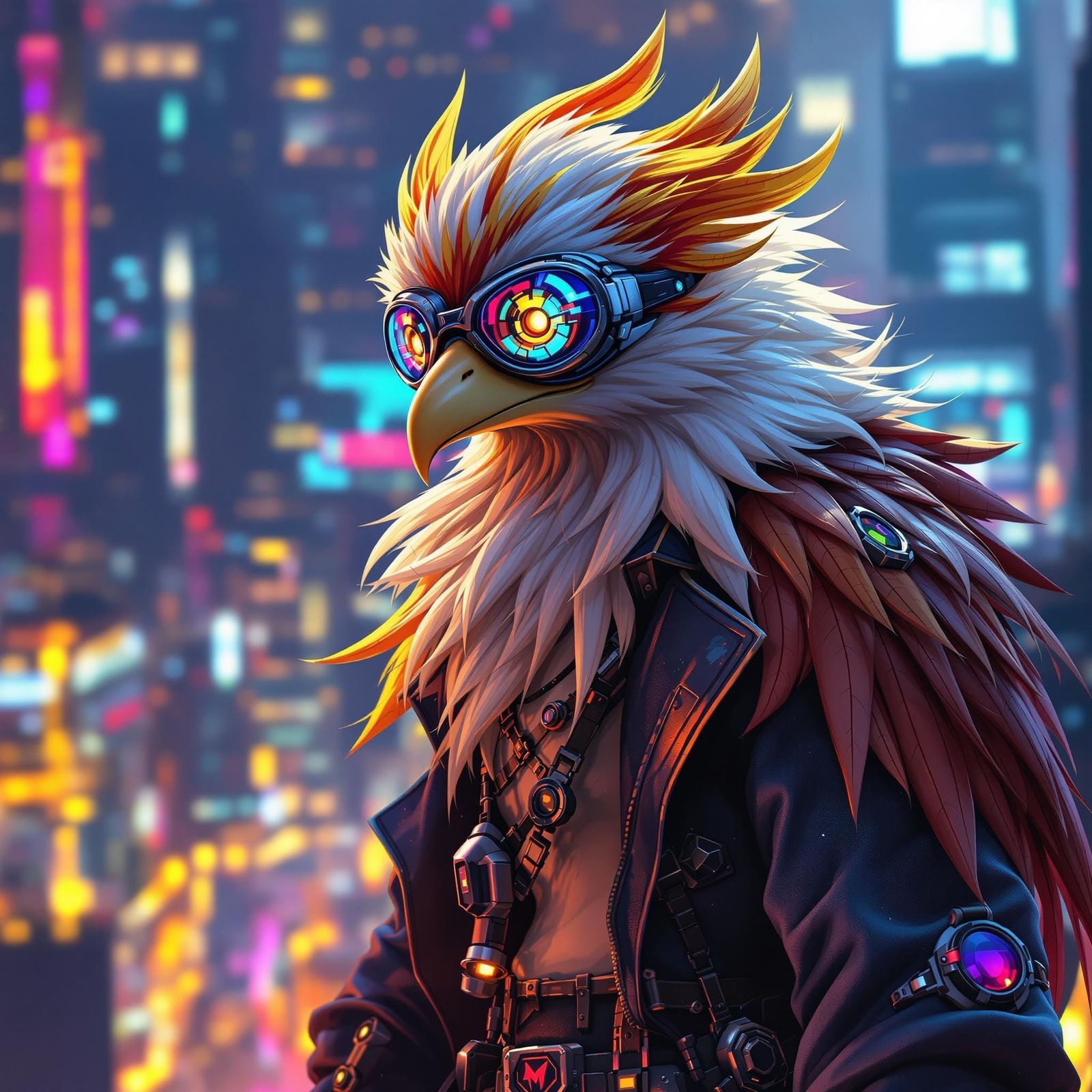 Cyberpunk Humanized Pidgeot in Neon Cityscape