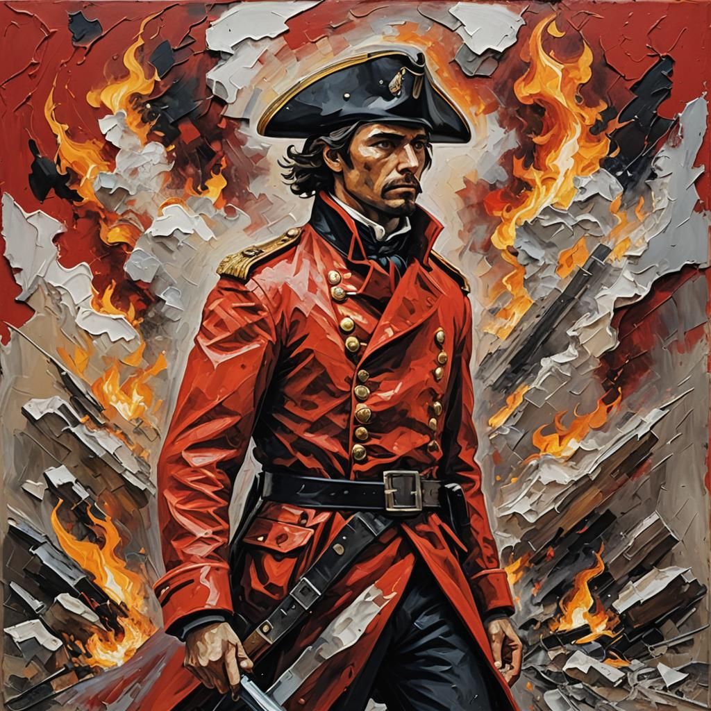 Revolutionary Soldier in Burning Landscape: Impasto Painting