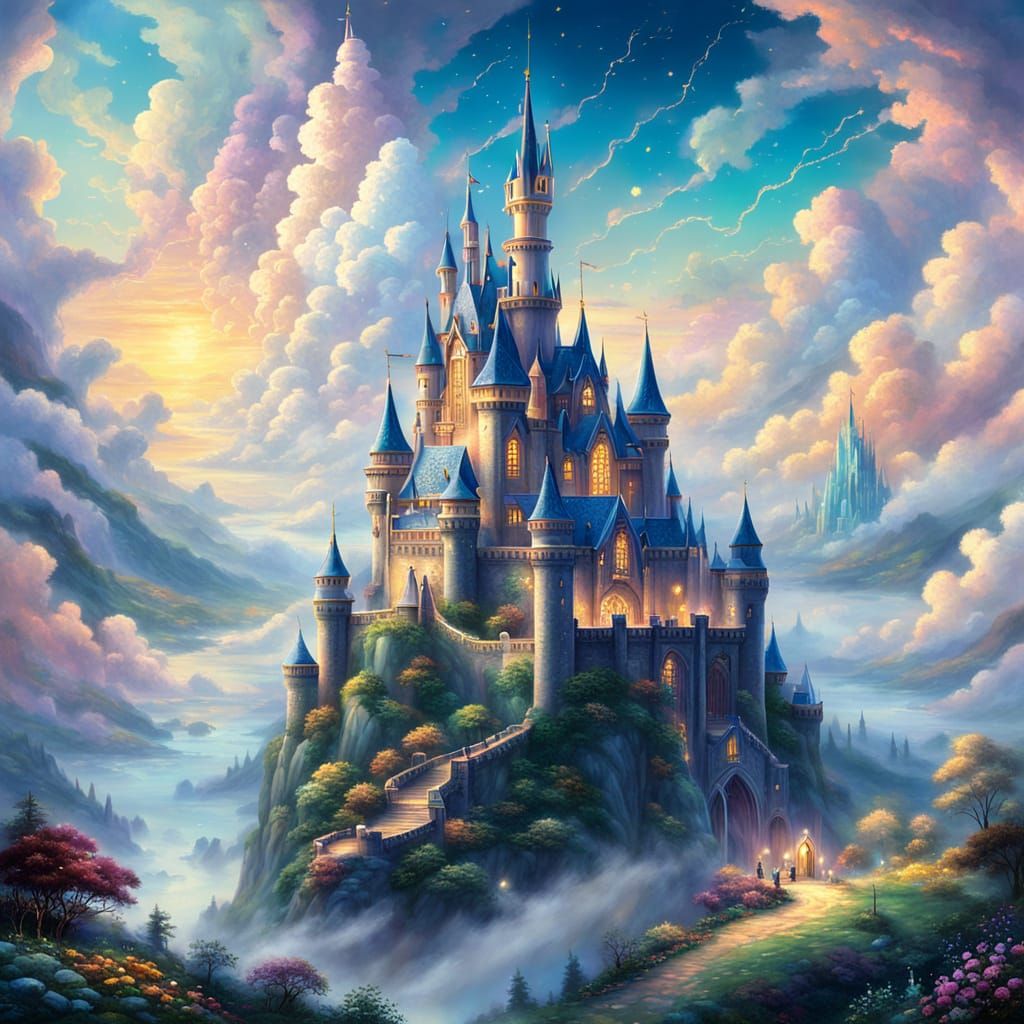 Enchanted Castle in Clouds with Golden Light