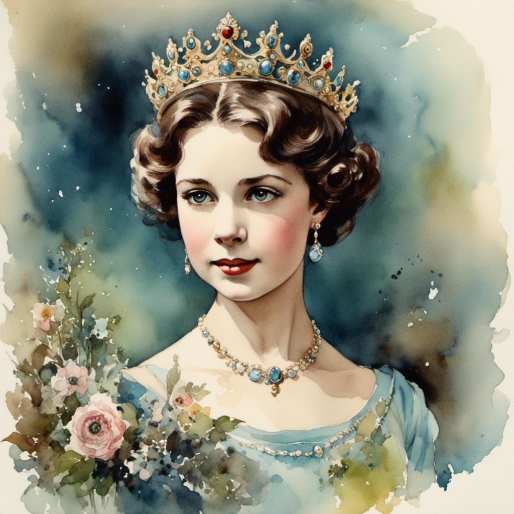 Young Queen Elizabeth II in Watercolor Style
