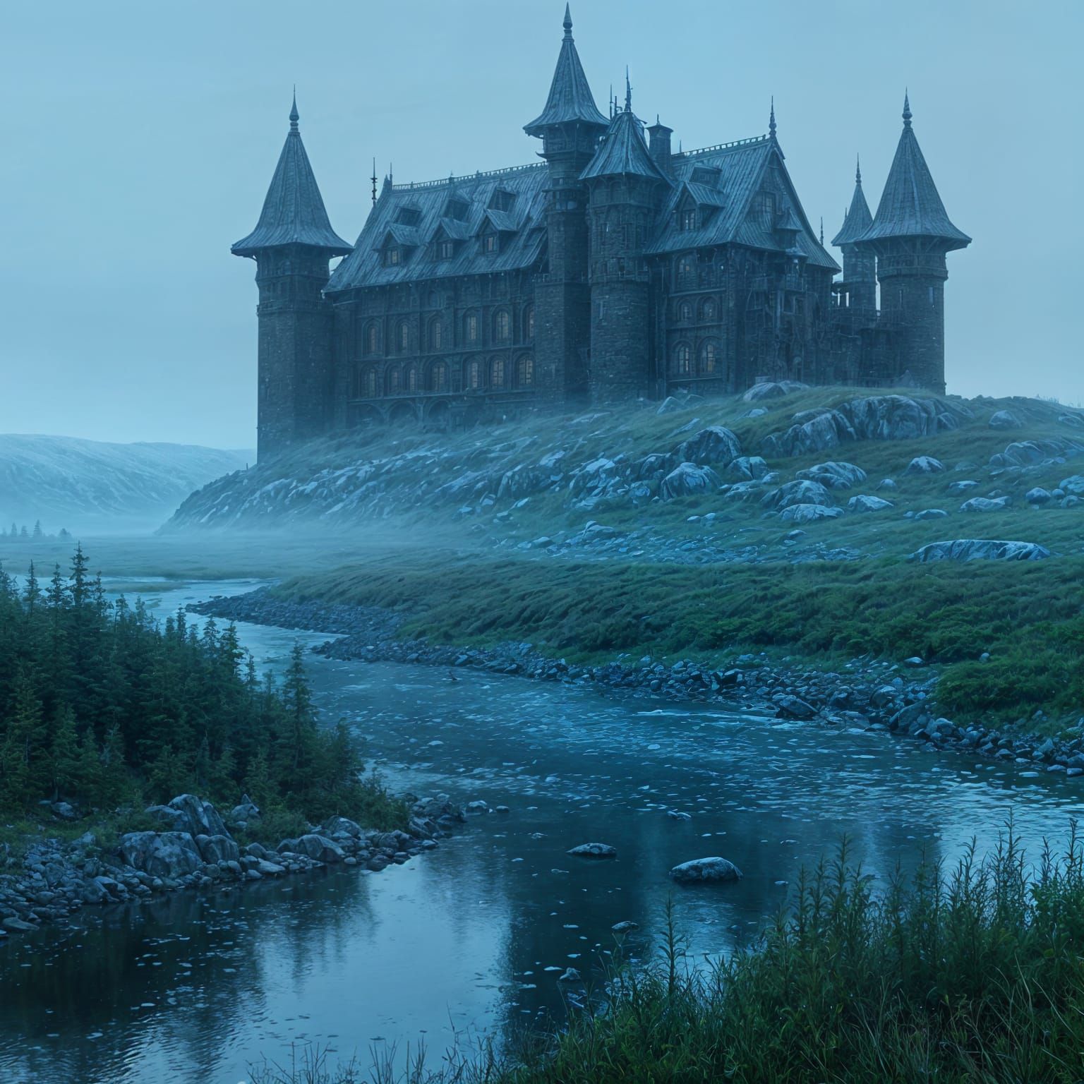 Iron Castle in Tundra on Misty Morning