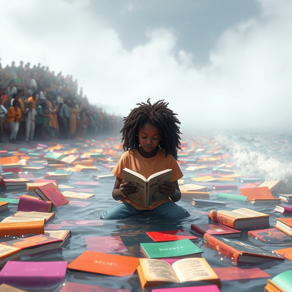 Girl Reads Bible Amidst Floating Books in Ocean