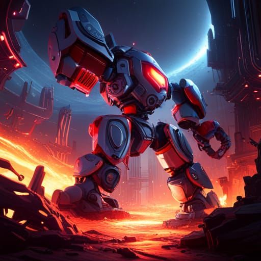 Fiery Robot Guarding Hell's Gate in Sci-Fi Style