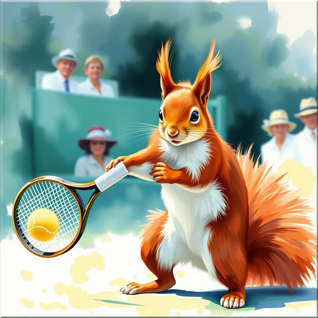 Thirties, a red squirrel in tennis whites playing tennis at ...