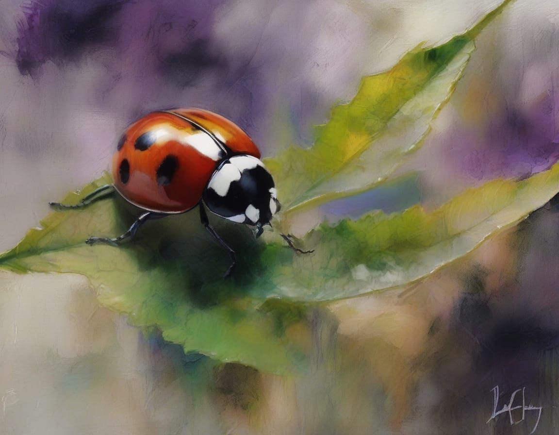 Ladybug in Lush Garden, Hyperrealistic Impasto Oil Painting