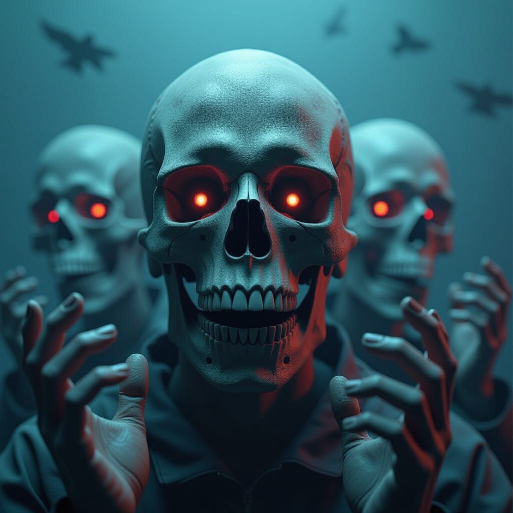 Surreal Dystopian Chaos: Skulls, Eyes, and Hands