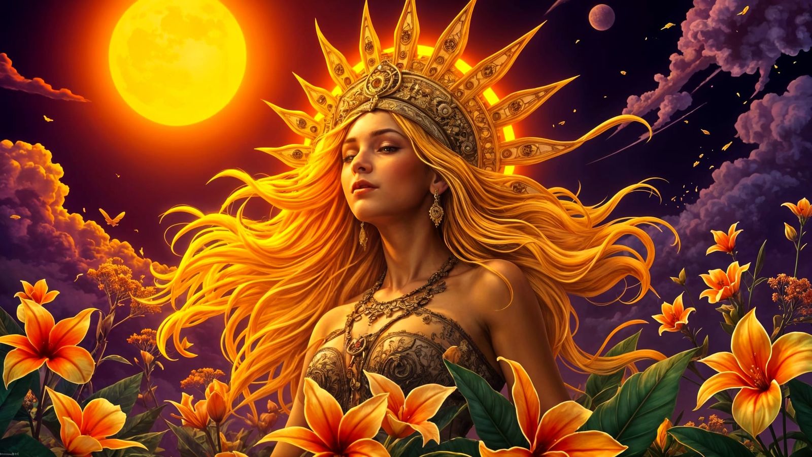 Vibrant Dark Fantasy Landscape Under Purple and Yellow Skies