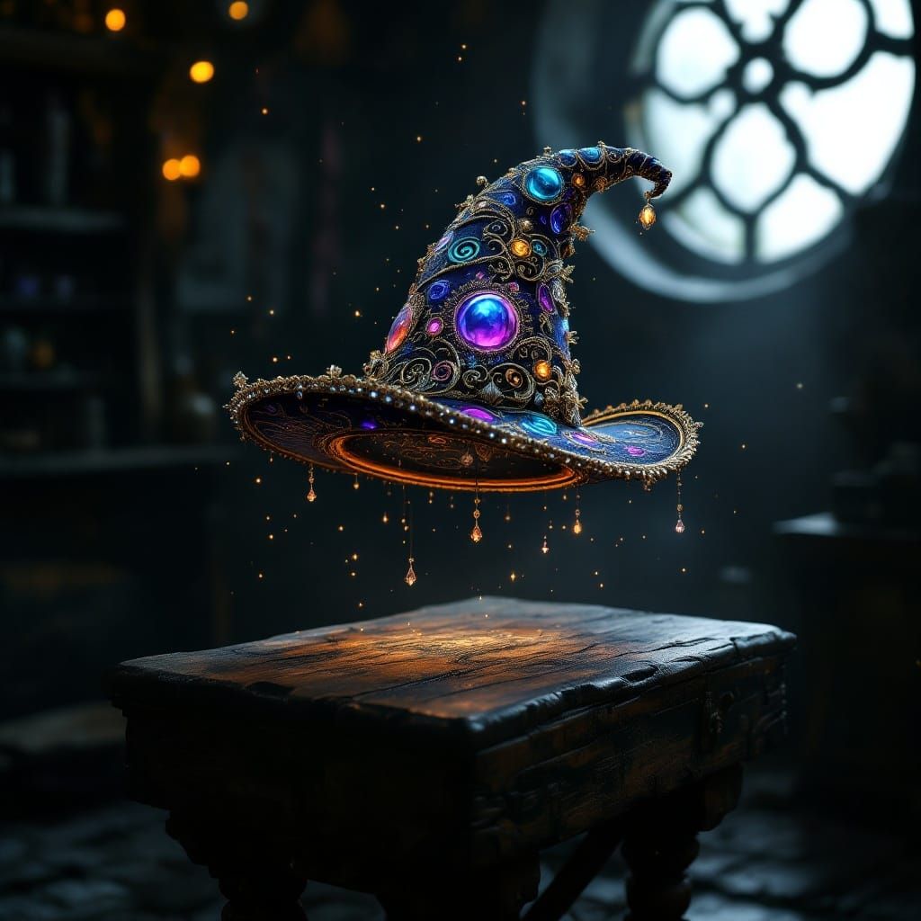 Mystical Sorcerer's Hat Levitates in a Dimly Lit Workroom in...