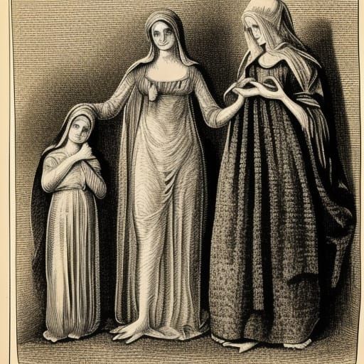 Stipple Illustration: Maiden, Mother, and Crone in 1800s Sty...