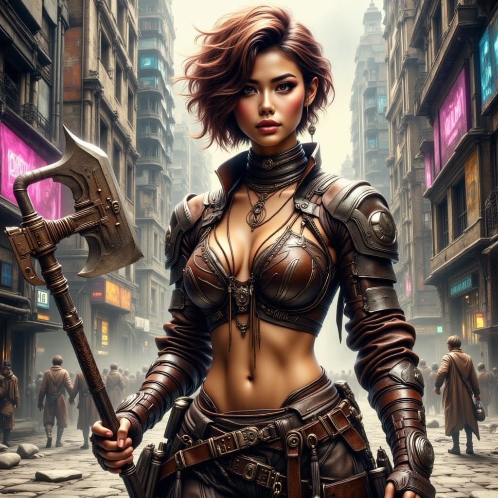 Muscular Warrior Woman in Leather Armor with Axe