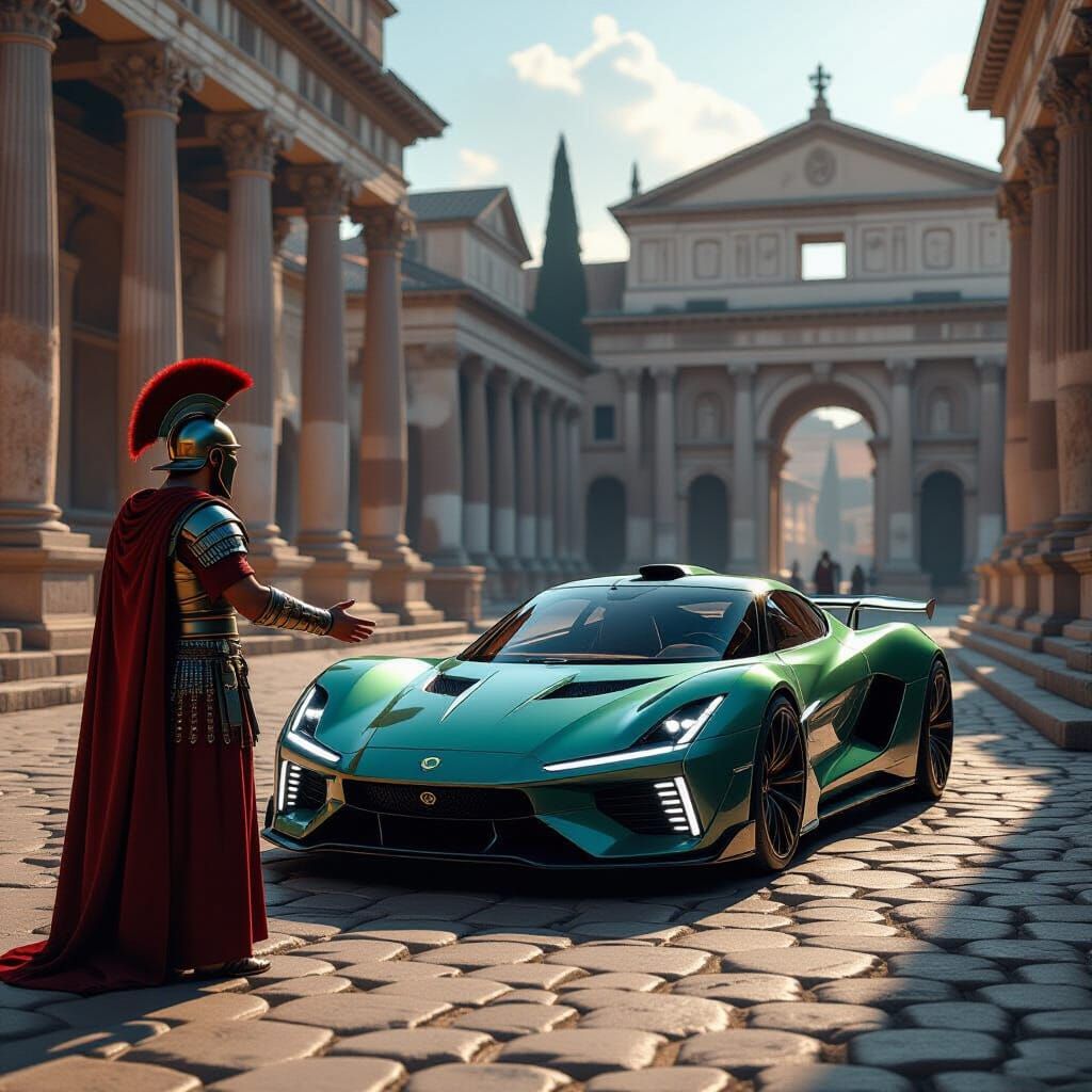 Roman Soldier Meets Modern Sports Car